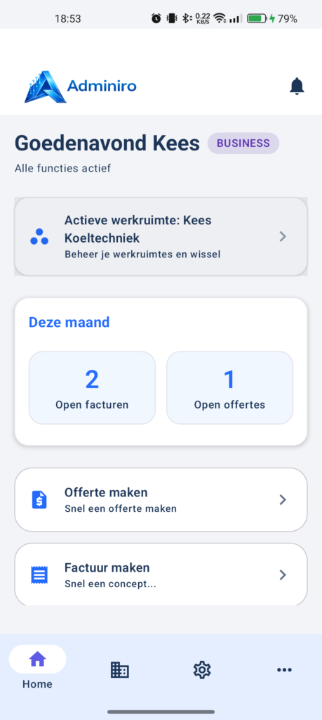 Administratie app ZZP Adminiro dashboard