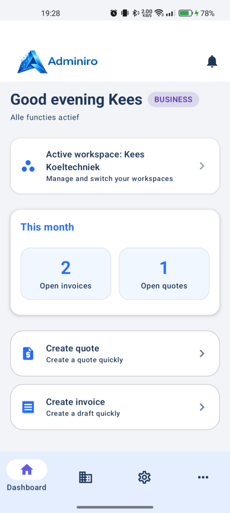 Admin app for freelancers dashboard with invoices and quotes overview