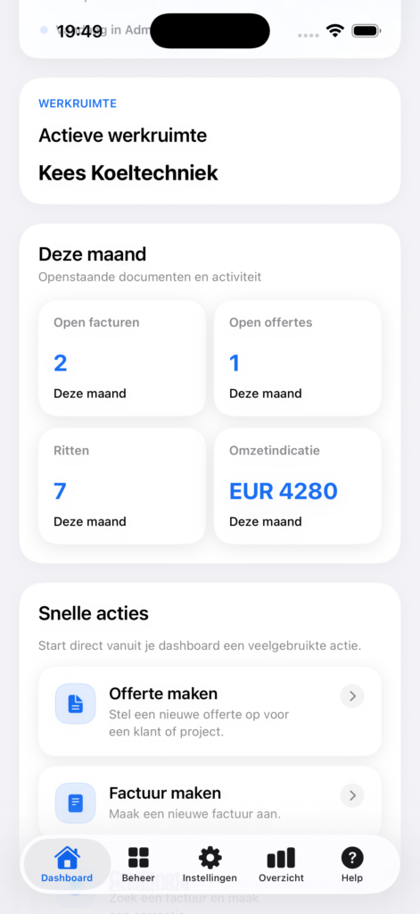 administration app for iPhone dashboard